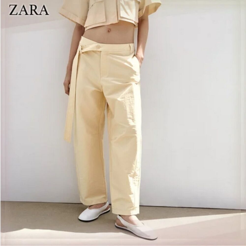 Yellow Zara Asymmetrical Belted Relaxed Loose Fit Cropped Pants Trousers (NWT)